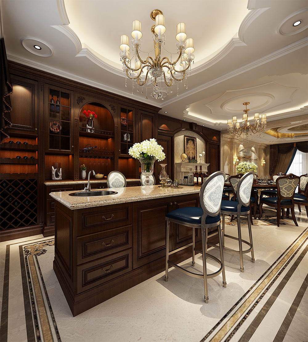 裝修案例經(jīng)典美式風格別墅裝修效果圖-餐廳吧臺