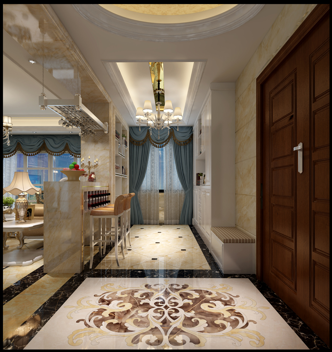 簡歐風格室內(nèi)裝修設(shè)計效果圖-保利中央公館三居140平米-室內(nèi)玄關(guān)裝修設(shè)計