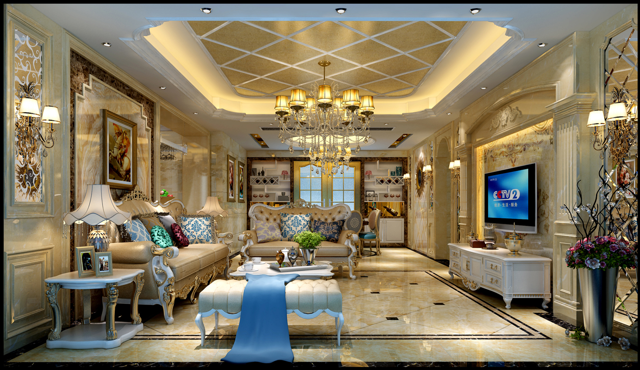 簡歐風格室內(nèi)裝修設(shè)計效果圖-保利中央公館三居140平米-室內(nèi)客廳裝修設(shè)計
